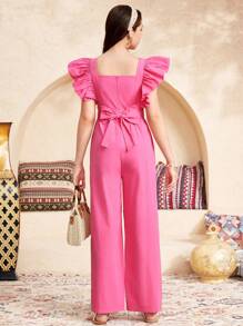 SHEIN Leap Crew Teen Girls' Cute & Cozy Cap Sleeve Square Neck Long Jumpsuit