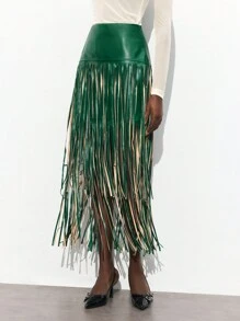 Maija 女士绿色 PU 纯色流苏边百搭现代派对高腰多层流苏裙，适合所有季节