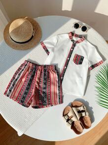 2 Pieces Set Of Young Boy Casual Geo Print Standing Collar Shirt And Shorts Set Suitable For Birthday Parties - White - View 4