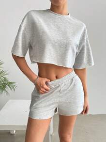 SHEIN EZwear مجموعة ملابس علوية قصير وشورت بلون أساسي قطعتين للمرأة كاجوال - رمادي - مشاهدة 3