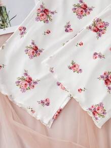 Lace Patchwork V-Neck Ditsy Floral Camisole & Pants Pajama Set - White - View 3