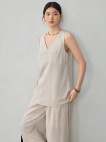 Dazy-Less 两件套女士休闲商务亚麻宽松简约V领套装，复古富贵风格家居服套装，女士短款套装 - 米色 - 查看 6
