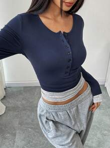 Women's Colorblock Button Half Placket Long Sleeve Casual T-Shirt Fall Cloth For Women - Navy Blue - View 3