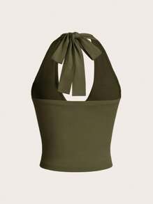 SHEIN EZwear 系带V领纯色休闲无袖上衣，简约时尚，适合日常穿着 - 軍綠色 - 查看 2