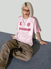 Coolane Women's Oversized Streetwear T-Shirt: Pink Satin Graphic Tee With Red Stripes
