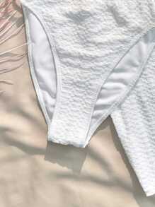 SHEIN 3 件套少女度假白色纹理针织吊带背心、比基尼泳裤和裹身裙泳衣夏季套装、沙滩装、泳衣套装 - 白色 - 查看 3