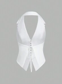 SHEIN EZwear Women's Fashionable Sexy Solid Color Backless Halter Neck Top - White - View 4