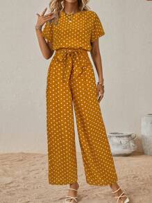 SHEIN Clasi 女士圆点印花圆领蝙蝠袖短袖阔腿连体裤 - 黃色 - 查看 4