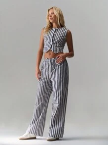 TRNVIE Retro Striped Linen Vest + Wide Leg Pants 2 Pieces Set - Blue - View 3