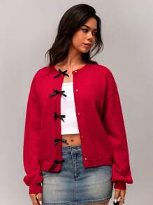 Forever 21 秋冬圆领开衫毛衣短款休闲百搭长袖针织外套 - 紅色 - 查看 7