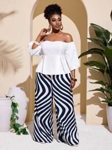 Slaydiva 2025 Noua tinuta Rave/Paste Plus Size Femei/Stil Bani Vechi Plus Size Femei/Tinuta Concert Country/Tinute Going Out/Fairycore/Tinute Festival/Vacanta Tropicala Imbracaminte Plus Size Femei Tinute Vara Pentru Femei Plus Size/Vara/Rave/Vara Europeana/Tinute Primavara/Tinuta Western Wear Plus Size/Graduare Casual Set de 2 bucăți cu mâneci bufante, alb, romantic, elegant și pantaloni cu dungi geometrice abstracte