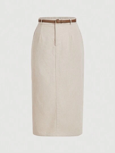 SHEIN MOD 大码女装单件灯芯绒杏色修身铅笔裙，侧开衩，中长款，配腰带，春季女装裙