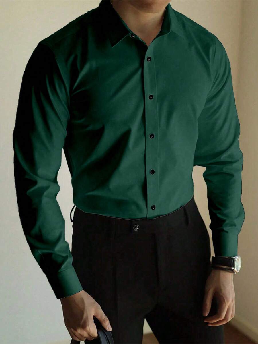 Manfinity Homme Men Plus Size Solid Color Long Sleeve Single-Breasted Casual Shirt, Fall - Dark Green - View 1