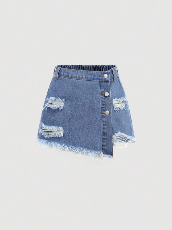SHEIN Girlism Short Denim azul rasgado e desbotado, moda casual de verão para meninas pré-adolescentes, conjuntos de primavera para meninas, fantasias rave e roupas de uso diário