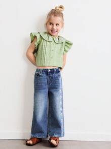 SHEIN Young Girls' Cute & Sweet Vintage Floral Embroidered Jeans