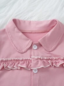 2pcs/Set Baby Girls Solid Color Cute Simple Short Sleeve Shirt And Shorts Homewear Set - Pink - View 5
