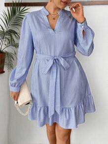 Calvaya Plus Size Women Blue Striped V-Neck Casual Belted Mini Long Sleeve Dress - Blue - View 3