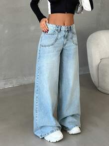 EURMUSE Low Waist Snow Wash Wideleg Jean Simple Fashion Daily Casual Jeans Wide Leg Low Rise Jeans Baggy - Medium Wash - View 5