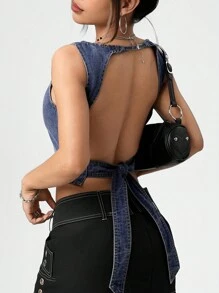 SHEIN ICON 女士无袖性感露背系带 Y2K 蝴蝶结牛仔短款上衣 - 彩色 - 查看 3