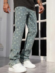 ROMWE MEN Street Life Men's Star Pattern Layered Skinny Fit Flared Leg Jeans, Streetwear Style - Blue - View 4