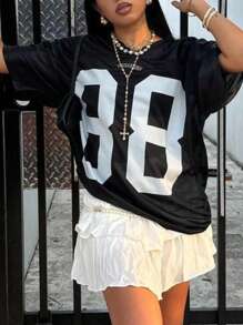 Plus Size Casual Loose Number Print Breathable Summer T-Shirt - Black and White - View 4