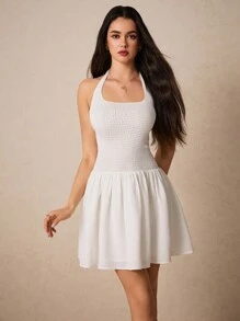 Poéselle Women's Solid Color White Halter Neck Elegant Short Dress,Backless Dress,White Dress