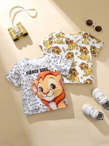SHEIN 2 Peças Camisetas Gráficas de Leão Brancas de Estilo de Rua Casual de Verão para Menino Bebê, Tecido de Malha Macio & Confortável, Versátil para Esportes, Férias e Uso Diário - Amarelo - Visão 3