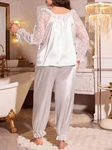 Plus Size Solid Color Lace Patchwork Lantern Sleeve Top And Pants Elegant Pajama Set