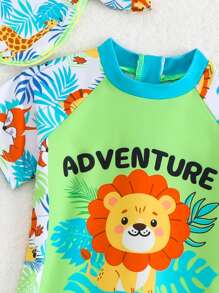 SHEIN GraphicGems Baby Boy Cute Cartoon Lion Printed Sleeveless Rash Guard With Sun Hat, Summer Swimwear - Multicolor - View 3