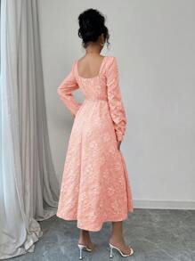 Elenzga 女士秋冬花卉提花优雅复古灯笼袖红色连衣裙长款女装 - 粉色 - 查看 2