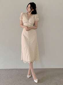 DAZY 女士蕾丝镶钻吊带拼接中长连衣裙 夏季舞会礼服 长款连衣裙 - 米色 - 查看 4