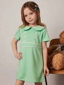 PrepCrw Young Girls' Spring/Summer Green Roman Cloth Lapel Double-Breasted Dress - Green - View 6