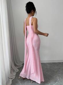 Rafferiza Đầm Maxi Maxi Dài Tay Không Dây Xếp Nếp Họa Tiết Hoa Lưới Màu Hồng Thanh Lịch Cho Nữ - Hồng - Xem 2