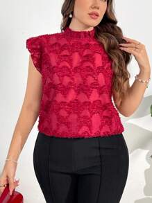 SHEIN Privé Blusa roja elegante y romántica con mangas de volantes transparentes, bajo con volantes, textura calada para mujer de talla grande, para primavera/verano - Rojo - Ver 6