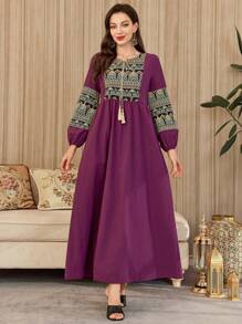 Al Najma Women's Elegant Arabic Style Mixed Geometric Print Lantern Sleeve Dress,Modest - Red Violet - View 1