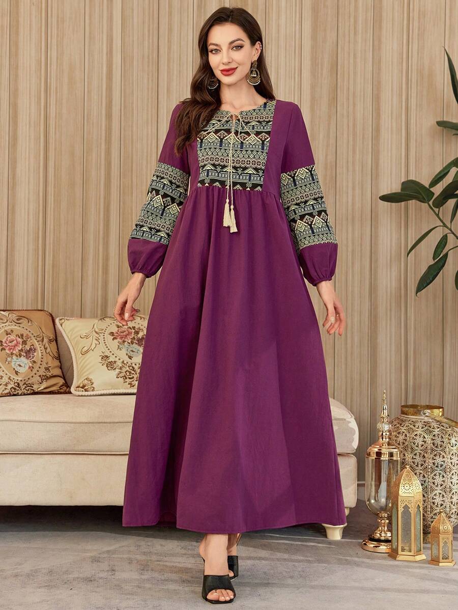 Al Najma Women's Elegant Arabic Style Mixed Geometric Print Lantern Sleeve Dress,Modest - Red Violet - View 1