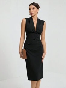SHEIN Tall Women's Solid Color Pleated Fitted Elegant Sleeveless Dress,Business Casual Woman - Black - View 1