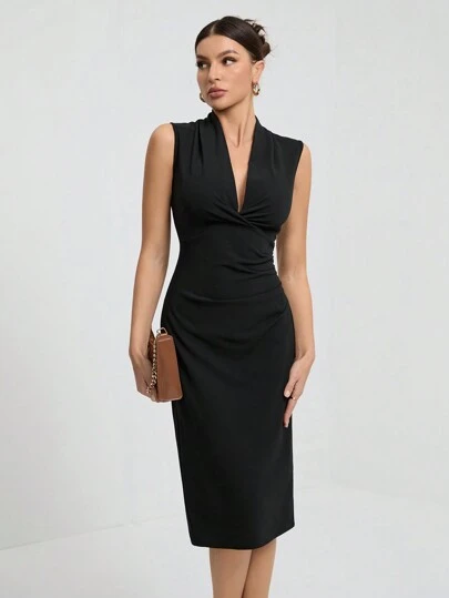 SHEIN Tall Women's Solid Color Pleated Fitted Elegant Sleeveless Dress,Business Casual Woman