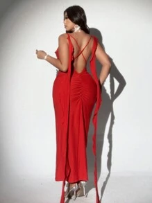 Viva Relle Vestido de tirantes con escote en V y volantes para mujer talla grande, romántico para citas de San Valentín, fiestas y días festivos