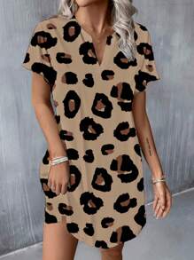 SHEIN LUNE 休闲简约女士 V 领豹纹编织迷你连衣裙，适合春夏季