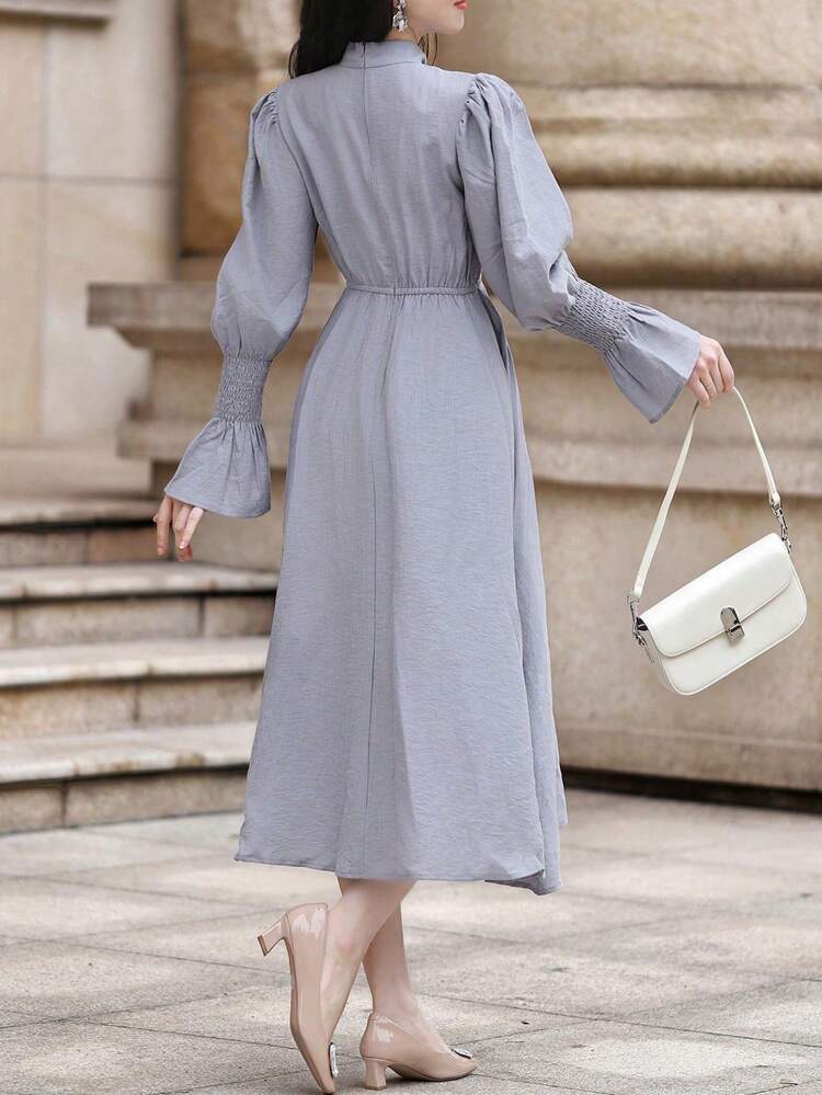 Plain Color Puff Sleeve Flare Collar Mid-Length Women Dress, Fall Dress Long Sleeve Dress