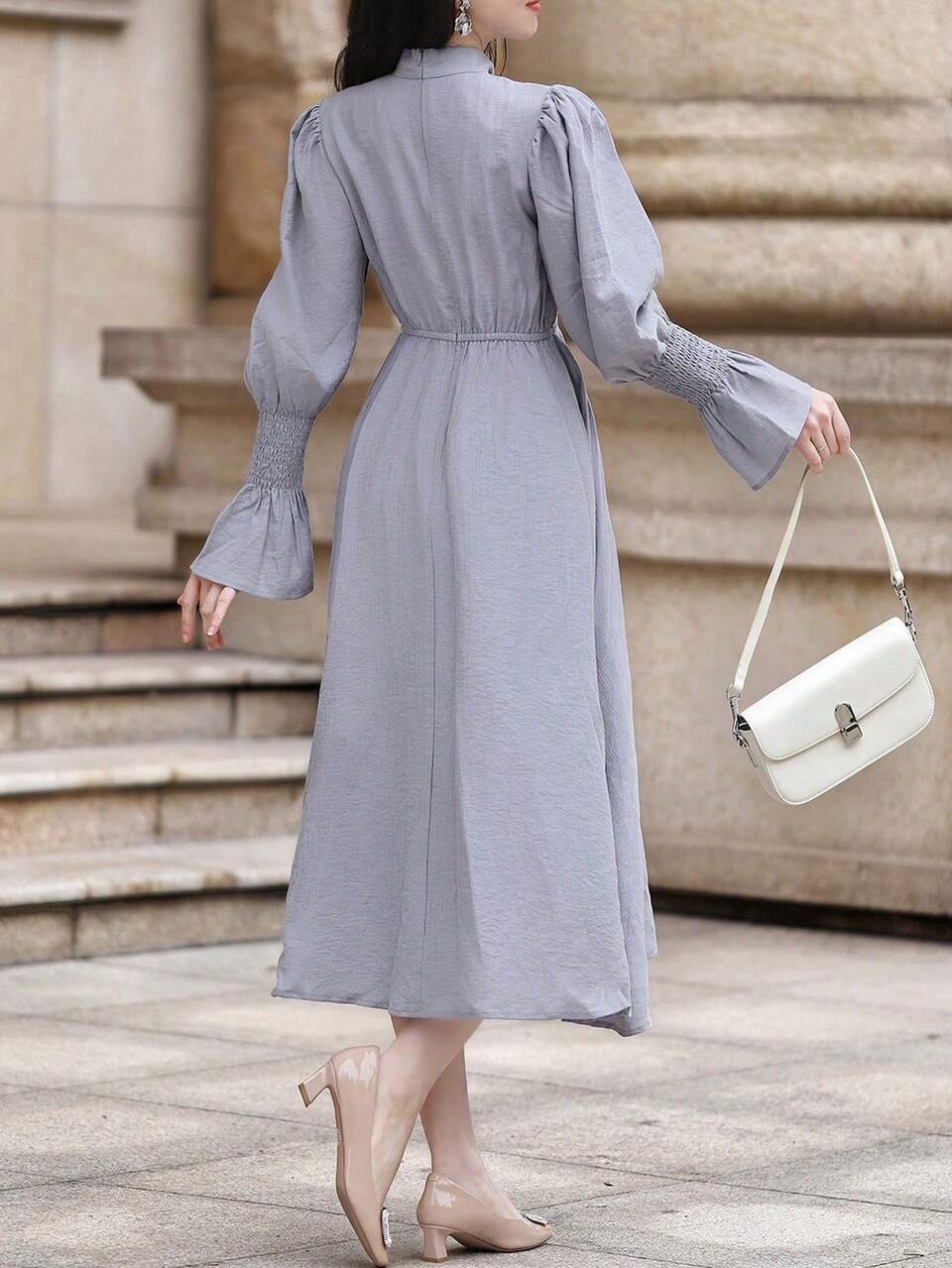Plain Color Puff Sleeve Flare Collar Mid-Length Women Dress, Fall Dress Long Sleeve Dress