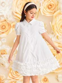 SHEIN 青少年女孩宽松休闲简约马球领 A 字形荷叶边泡泡袖迷你连衣裙