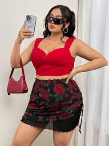 SHEIN ICON تنورة شبكية مطبوعة برسومات وردية مع حبل جانبي للتاريخ في عيد الحب، مناسبة للصيف لمقاسات كبيرة - متعدد الألوان - مشاهدة 6