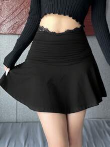 DAZY Lace Patchwork Hög midja Kvinnor Plisserad minikjol - Svart - Visa 6