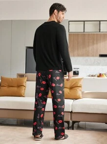 Men's Letter Print Long Sleeve Top And Lip Print Long Pants Pajama Set - Black - View 2