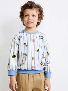 THE HAPPY LOOK Young Boys Ribbed Cute Graphic Print Crew Neck Drop Shoulder Sweatshirts, Casual & Adorable Style, Suitable For Spring & Winter