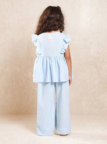 SUMWON 纹理针织荷叶边袖两件套女童套装夏季休闲阔腿春季假日套装日间特殊场合儿童套装