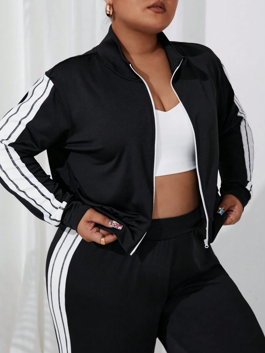 Easithlete Plus Size Women Striped Long Sleeve Jacket And Pants Sports Suit - Black - View 1