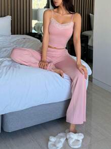 DAZY 纯色女士蕾丝拼接修身吊带背心和长裤家居服套装睡衣 - 粉色 - 查看 4